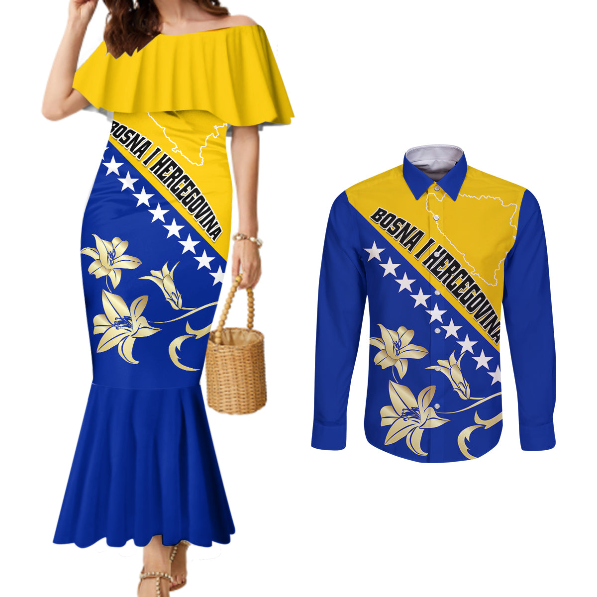 Bosnia and Herzegovina Independence Day Couples Matching Mermaid Dress and Long Sleeve Button Shirt Bosna i Hercegovina Lily