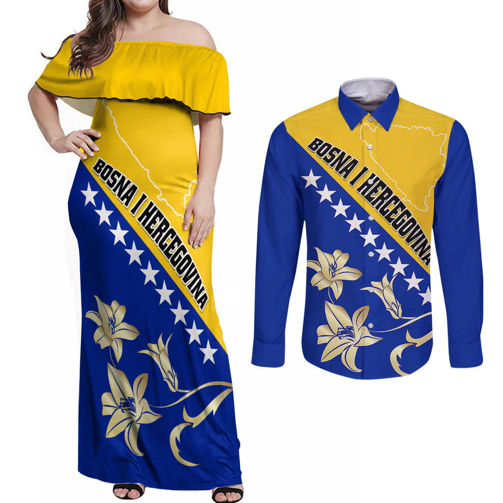 Bosnia and Herzegovina Independence Day Couples Matching Off Shoulder Maxi Dress and Long Sleeve Button Shirt Bosna i Hercegovina Lily - Wonder Print Shop