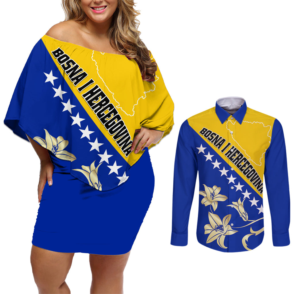 Bosnia and Herzegovina Independence Day Couples Matching Off Shoulder Short Dress and Long Sleeve Button Shirt Bosna i Hercegovina Lily - Wonder Print Shop