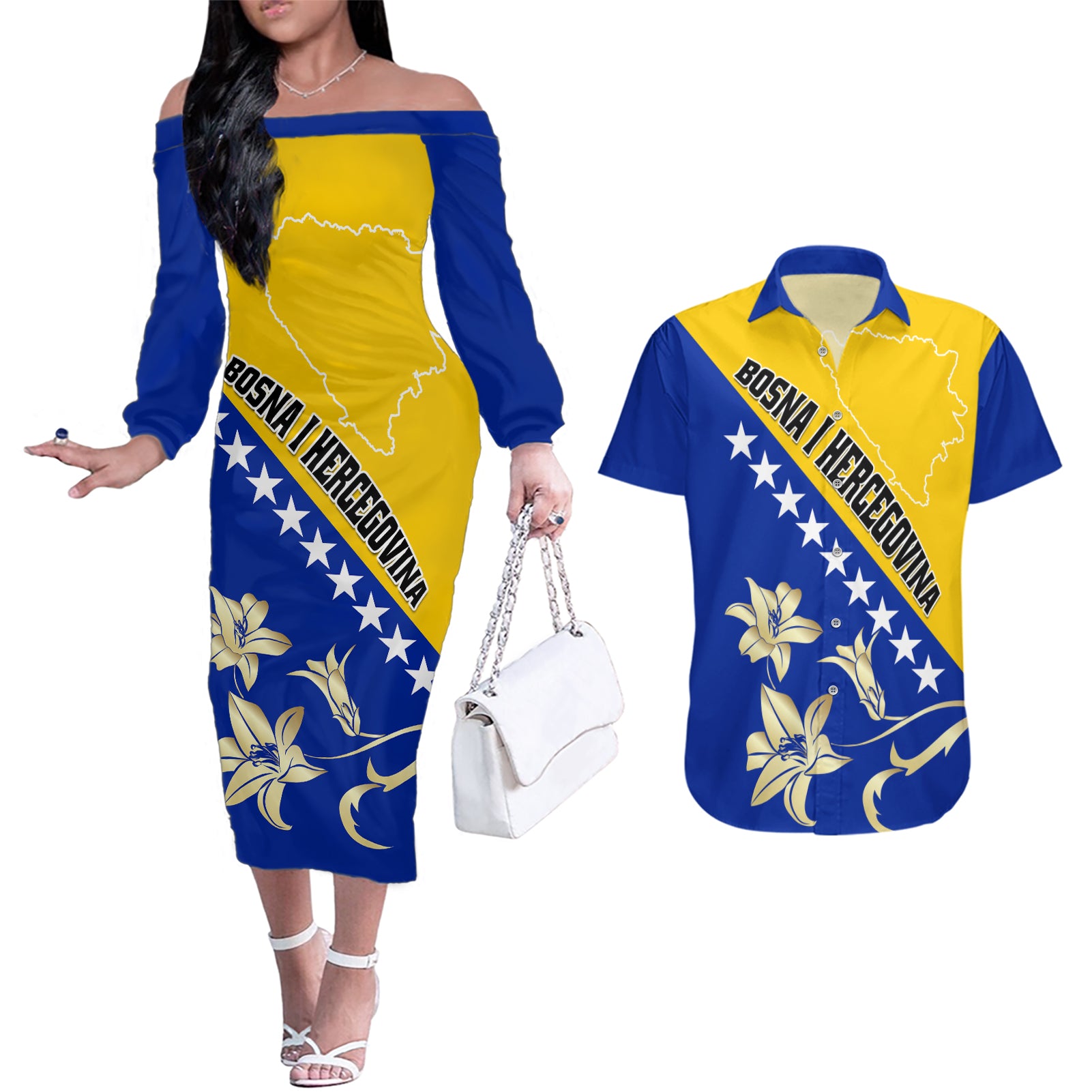 Bosnia and Herzegovina Independence Day Couples Matching Off The Shoulder Long Sleeve Dress and Hawaiian Shirt Bosna i Hercegovina Lily - Wonder Print Shop