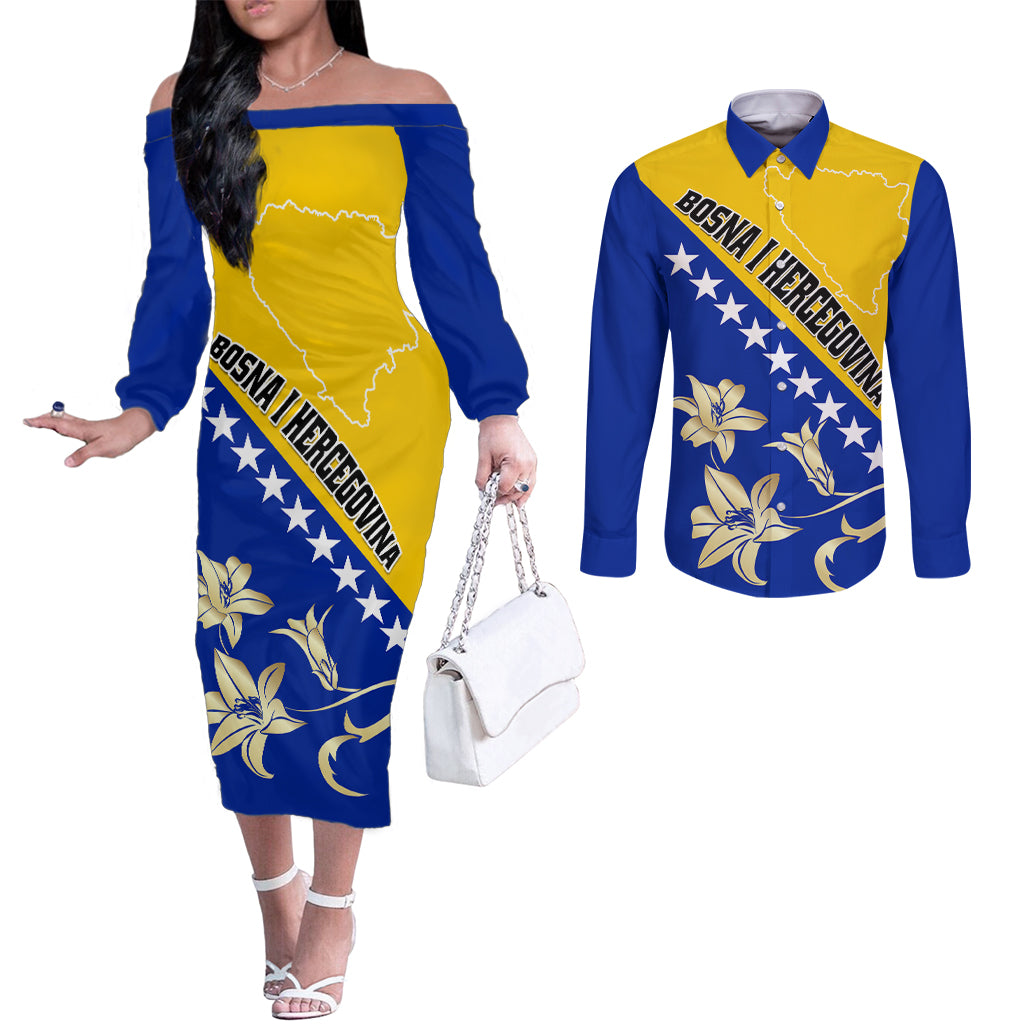 Bosnia and Herzegovina Independence Day Couples Matching Off The Shoulder Long Sleeve Dress and Long Sleeve Button Shirt Bosna i Hercegovina Lily