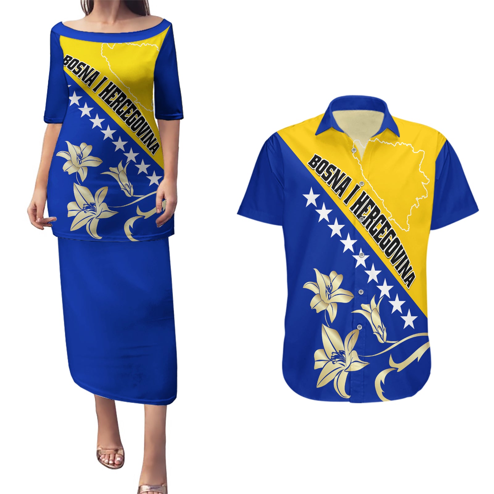 Bosnia and Herzegovina Independence Day Couples Matching Puletasi and Hawaiian Shirt Bosna i Hercegovina Lily - Wonder Print Shop