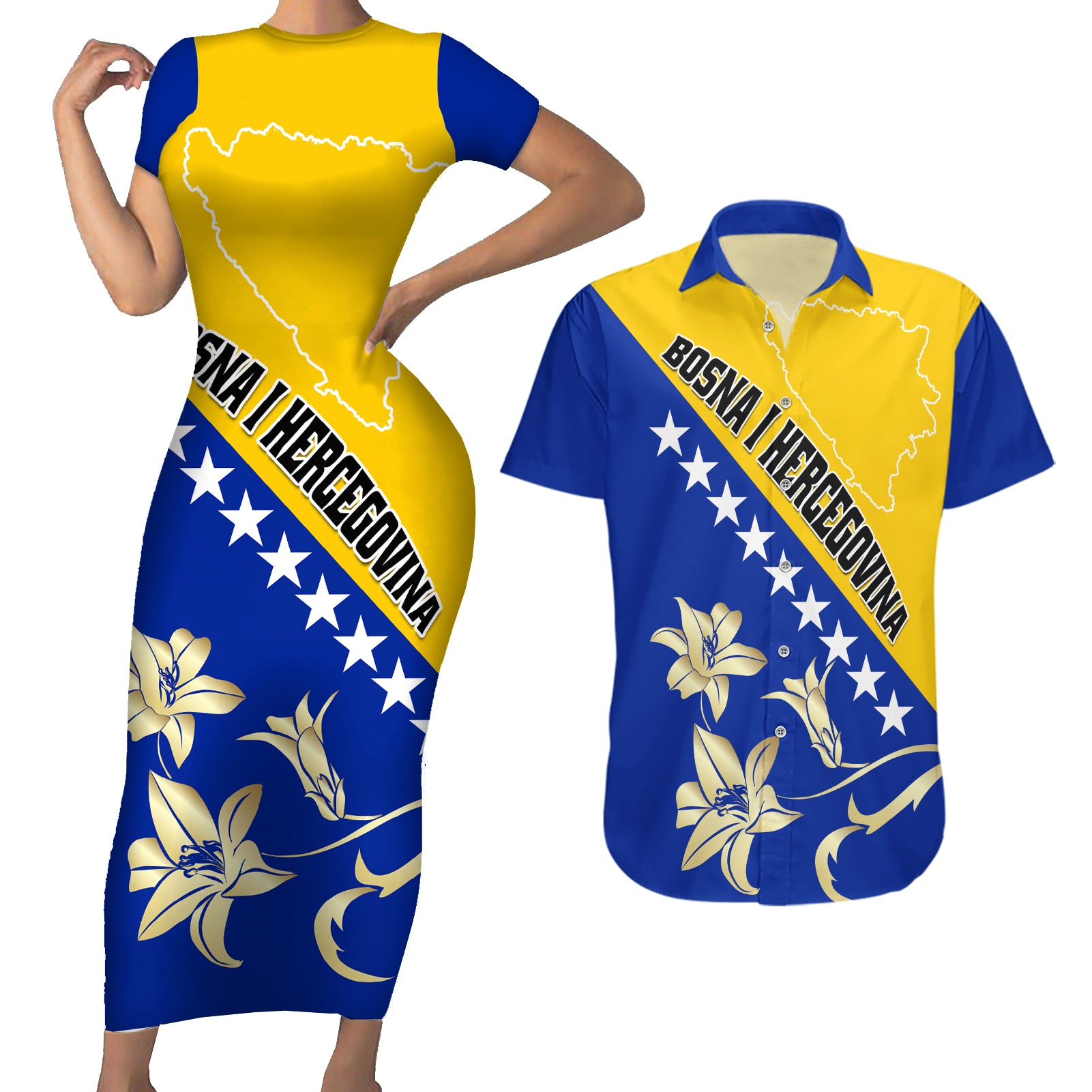 Bosnia and Herzegovina Independence Day Couples Matching Short Sleeve Bodycon Dress and Hawaiian Shirt Bosna i Hercegovina Lily - Wonder Print Shop