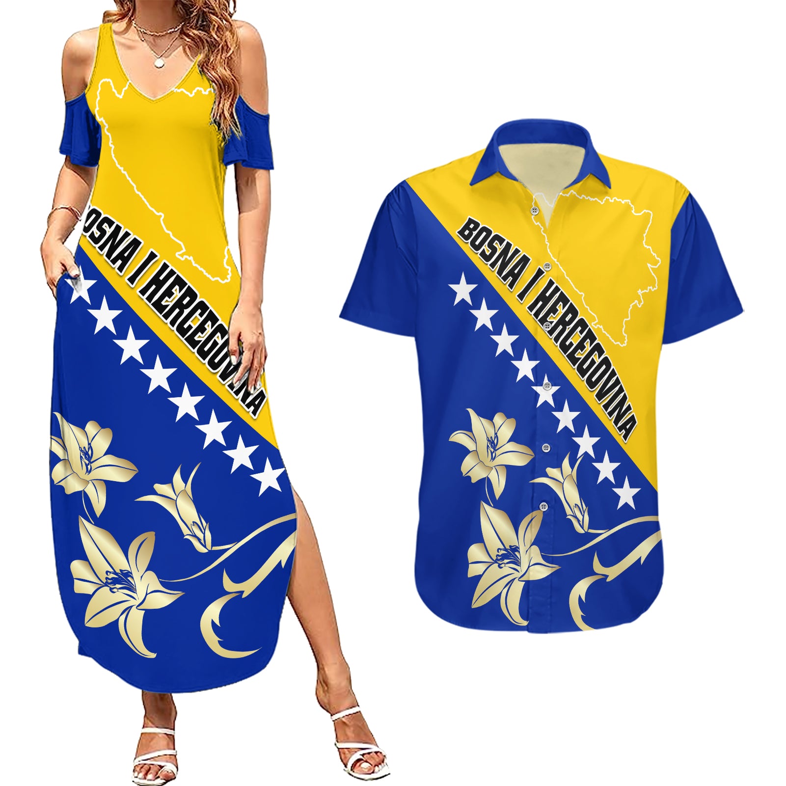 Bosnia and Herzegovina Independence Day Couples Matching Summer Maxi Dress and Hawaiian Shirt Bosna i Hercegovina Lily - Wonder Print Shop