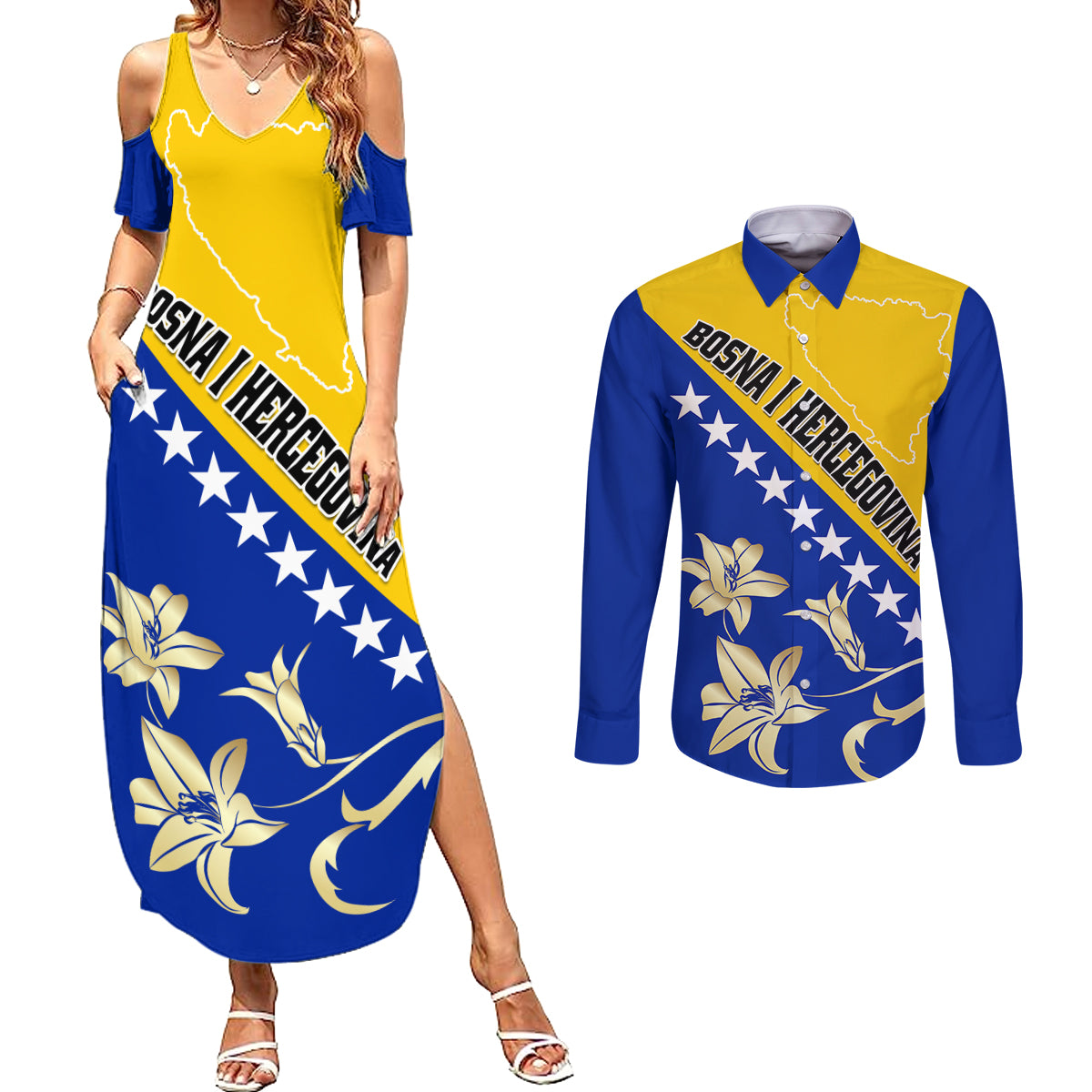 Bosnia and Herzegovina Independence Day Couples Matching Summer Maxi Dress and Long Sleeve Button Shirt Bosna i Hercegovina Lily - Wonder Print Shop