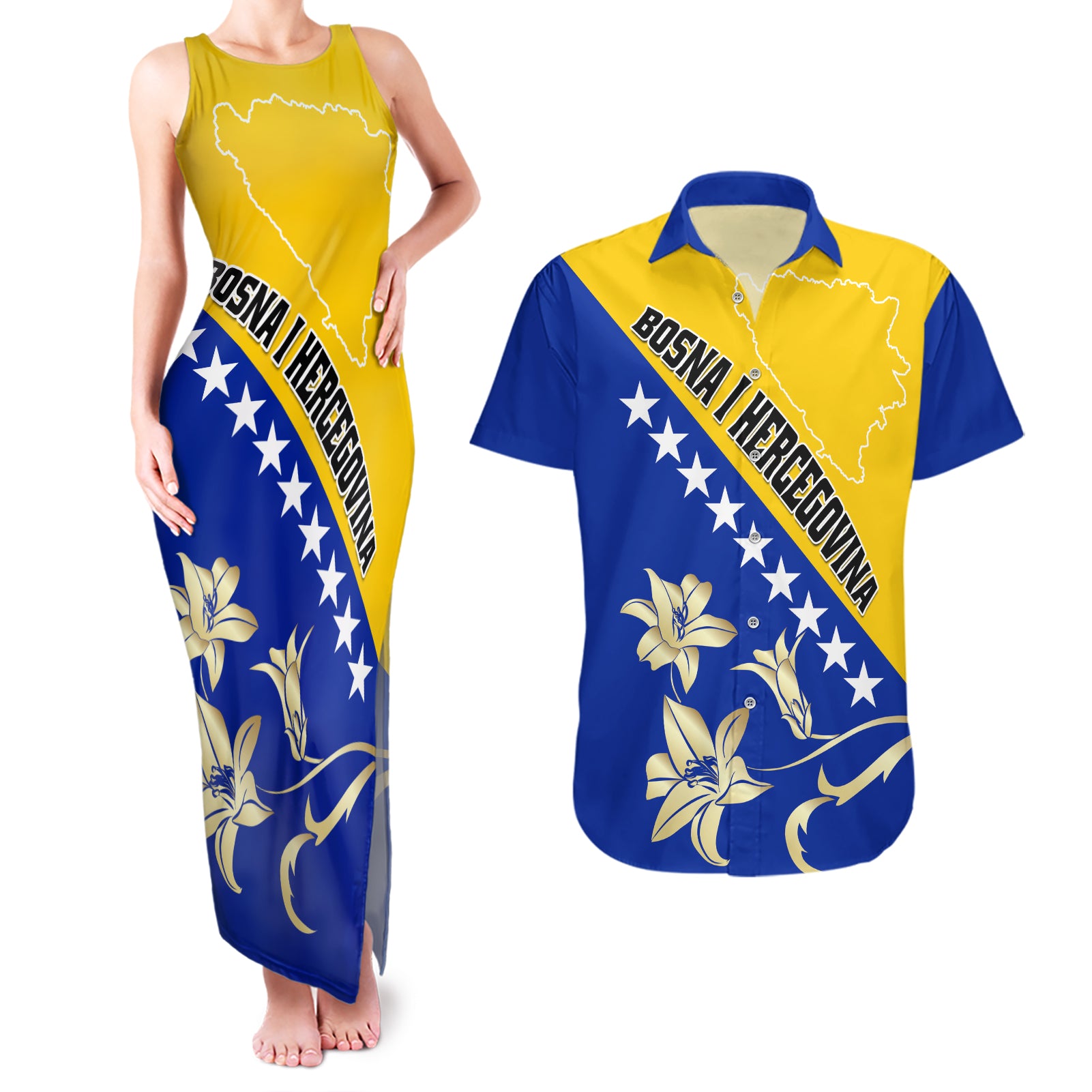 Bosnia and Herzegovina Independence Day Couples Matching Tank Maxi Dress and Hawaiian Shirt Bosna i Hercegovina Lily - Wonder Print Shop