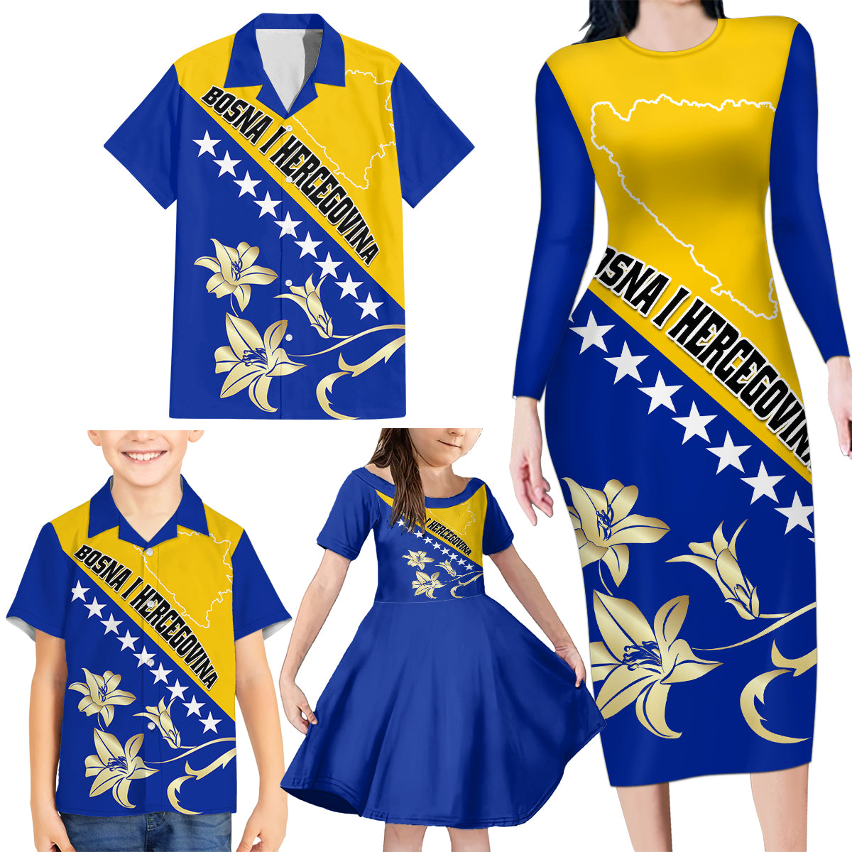 Bosnia and Herzegovina Independence Day Family Matching Long Sleeve Bodycon Dress and Hawaiian Shirt Bosna i Hercegovina Lily - Wonder Print Shop