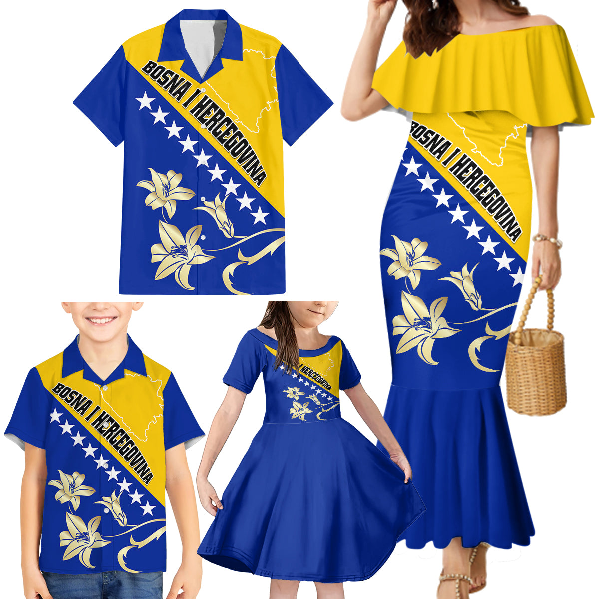 Bosnia and Herzegovina Independence Day Family Matching Mermaid Dress and Hawaiian Shirt Bosna i Hercegovina Lily - Wonder Print Shop