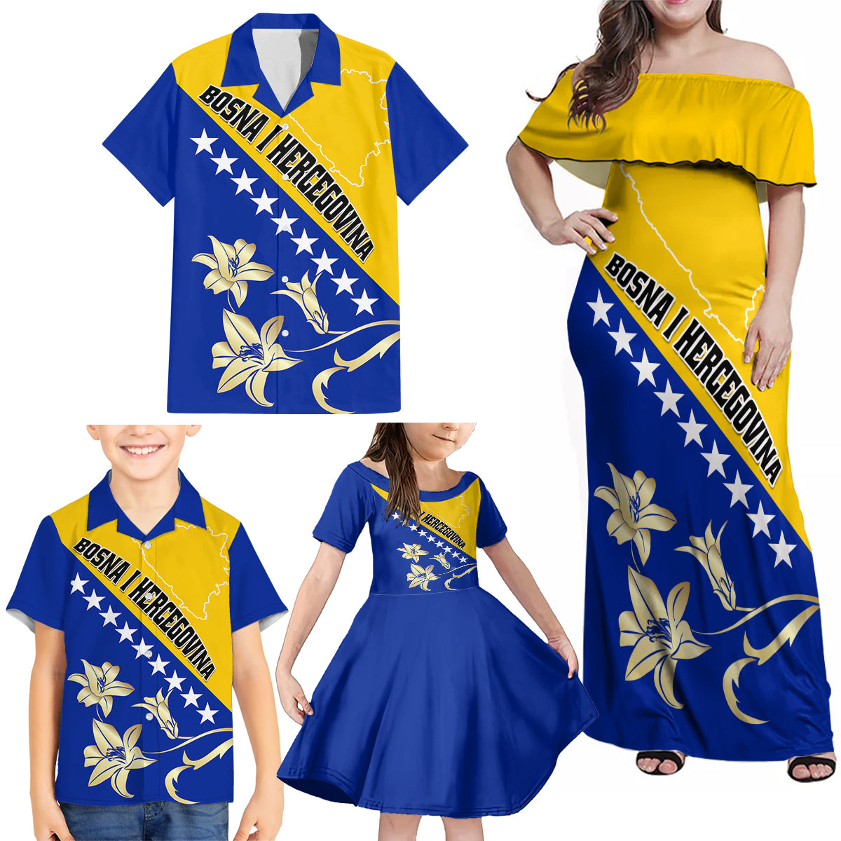 Bosnia and Herzegovina Independence Day Family Matching Off Shoulder Maxi Dress and Hawaiian Shirt Bosna i Hercegovina Lily - Wonder Print Shop