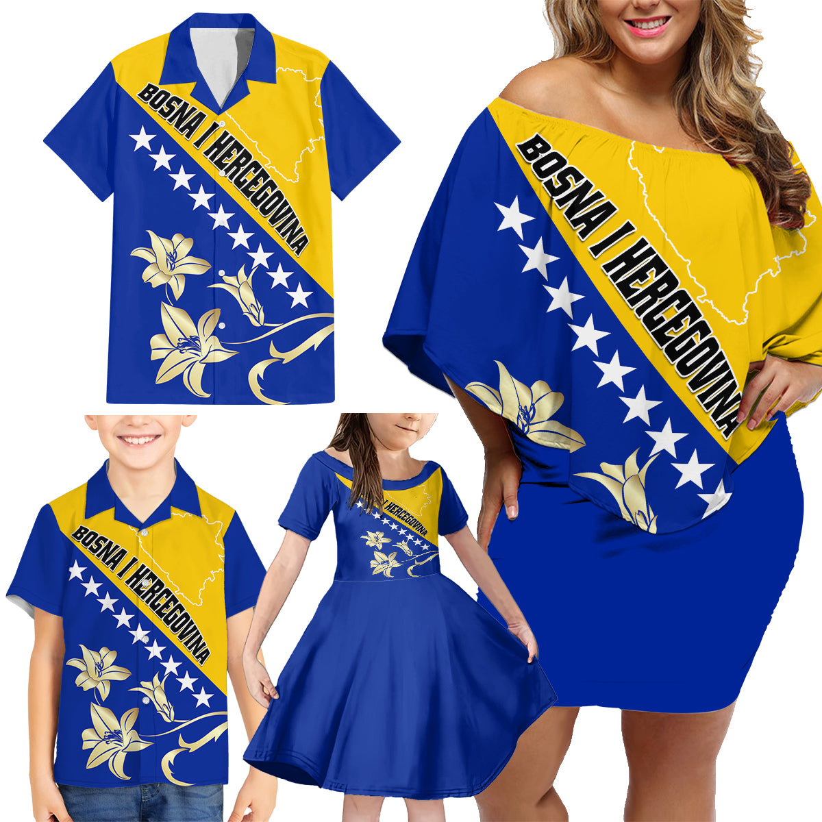 Bosnia and Herzegovina Independence Day Family Matching Off Shoulder Short Dress and Hawaiian Shirt Bosna i Hercegovina Lily - Wonder Print Shop