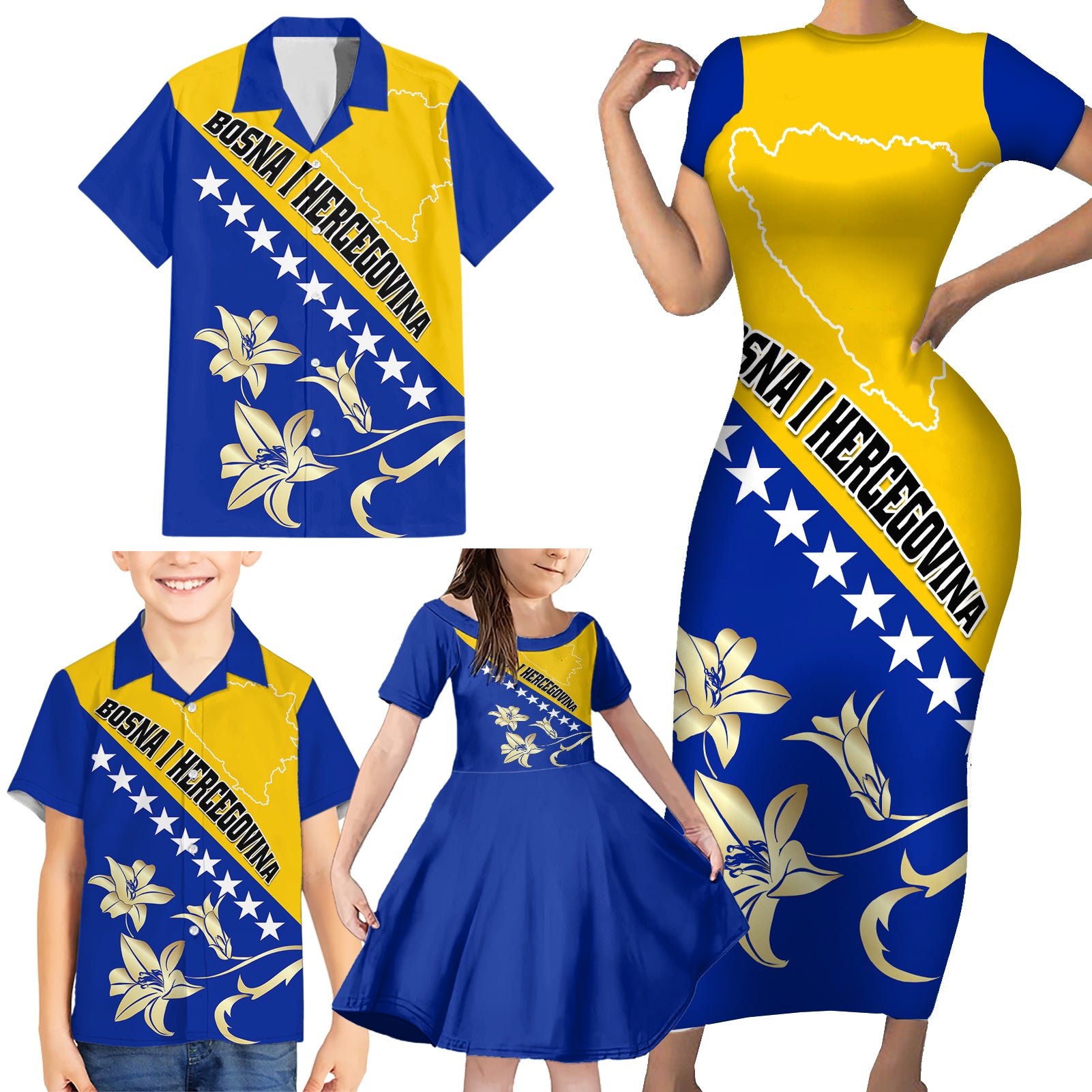 Bosnia and Herzegovina Independence Day Family Matching Short Sleeve Bodycon Dress and Hawaiian Shirt Bosna i Hercegovina Lily - Wonder Print Shop