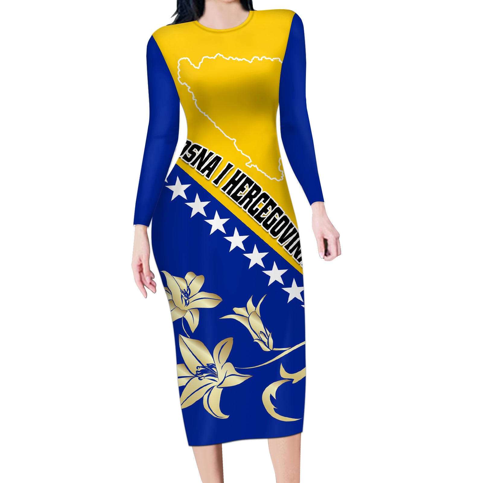 Bosnia and Herzegovina Independence Day Long Sleeve Bodycon Dress Bosna i Hercegovina Lily - Wonder Print Shop