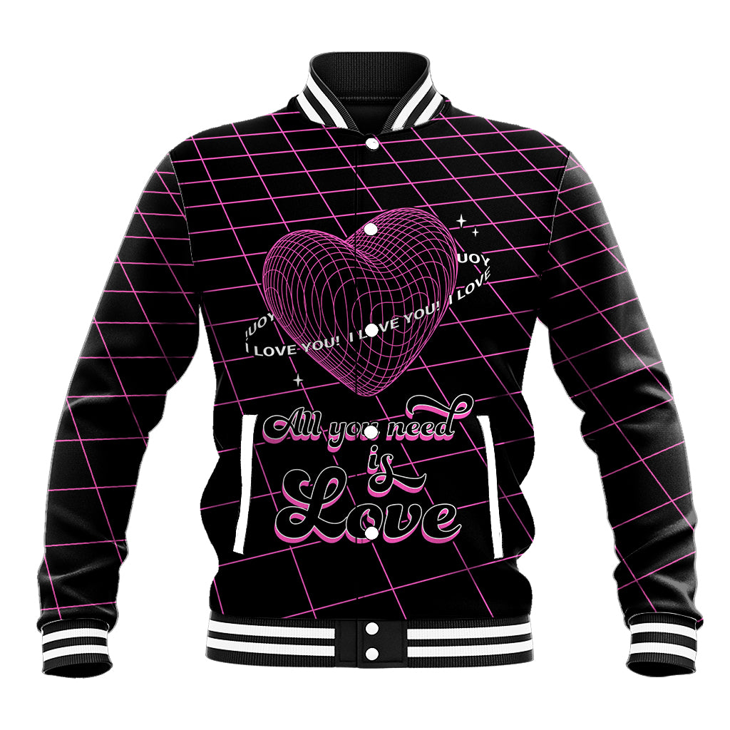 Pink-and-black geometric heart baseball jacket with striped ribbed collar and cuffs