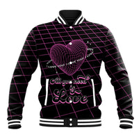 Pink-and-black geometric heart baseball jacket with striped ribbed collar and cuffs