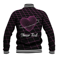 Pink-and-black geometric heart baseball jacket, back view with ribbed collar and striped hem