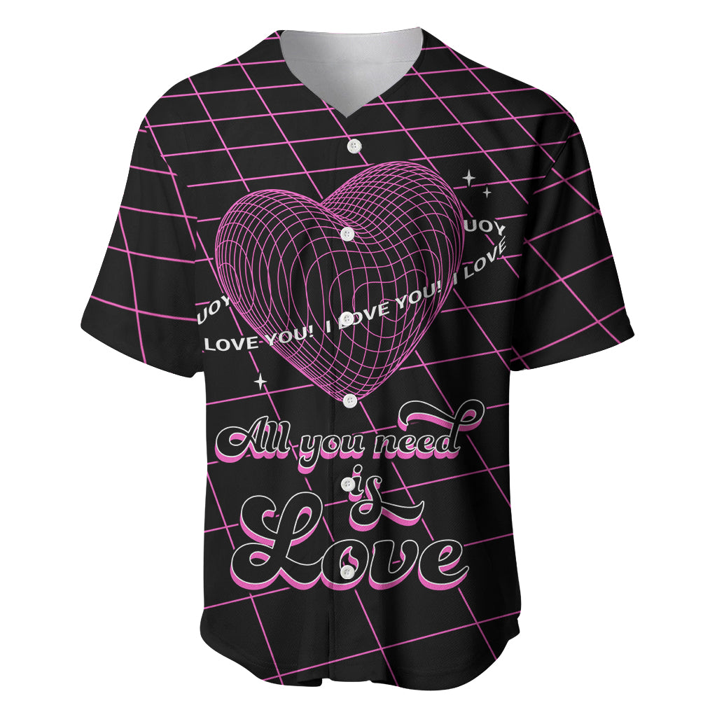 Pink-on-black Valentine baseball jersey with wireframe heart and grid pattern
