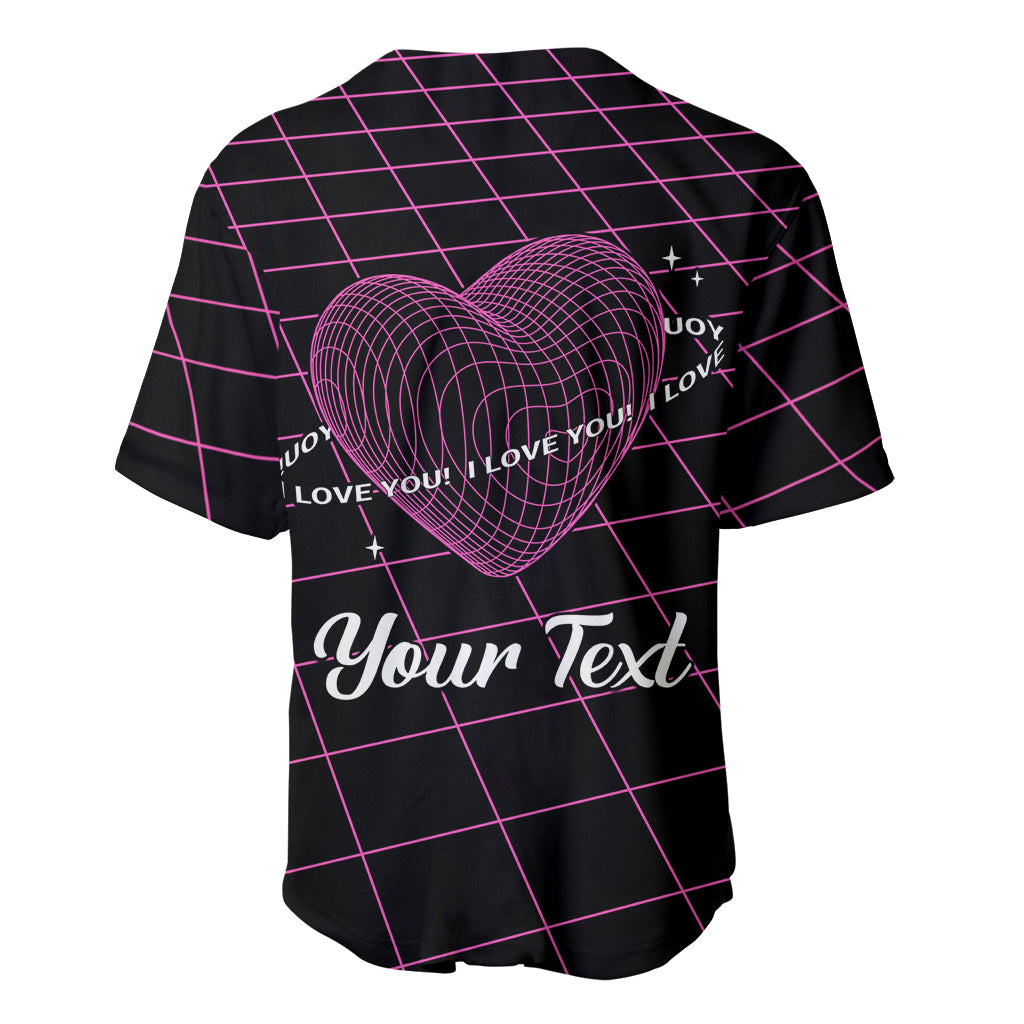 Pink-on-black Valentine baseball jersey with wireframe heart on back and grid pattern