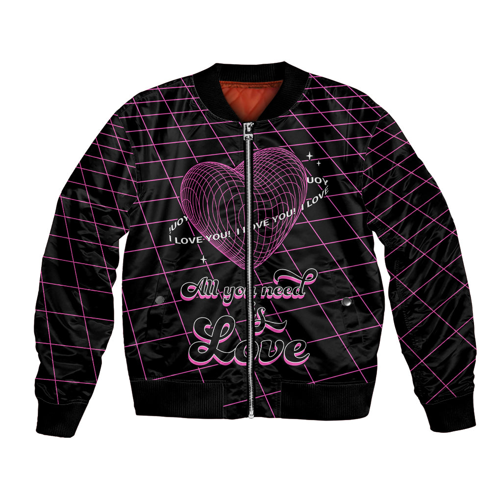 Unisex pink-and-black bomber jacket with geometric wireframe grid, heart graphic, front zipper