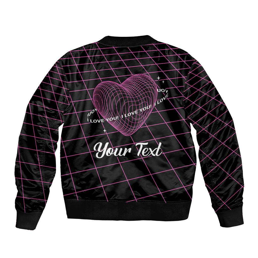 Unisex bomber jacket back with pink geometric grid, heart graphic, custom text