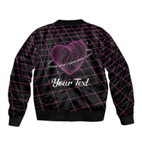 Unisex bomber jacket back with pink geometric grid, heart graphic, custom text