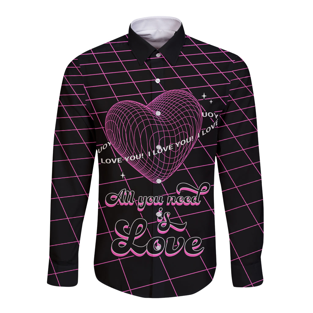 Unisex long-sleeve button shirt with pink geometric grid and heart Love You design