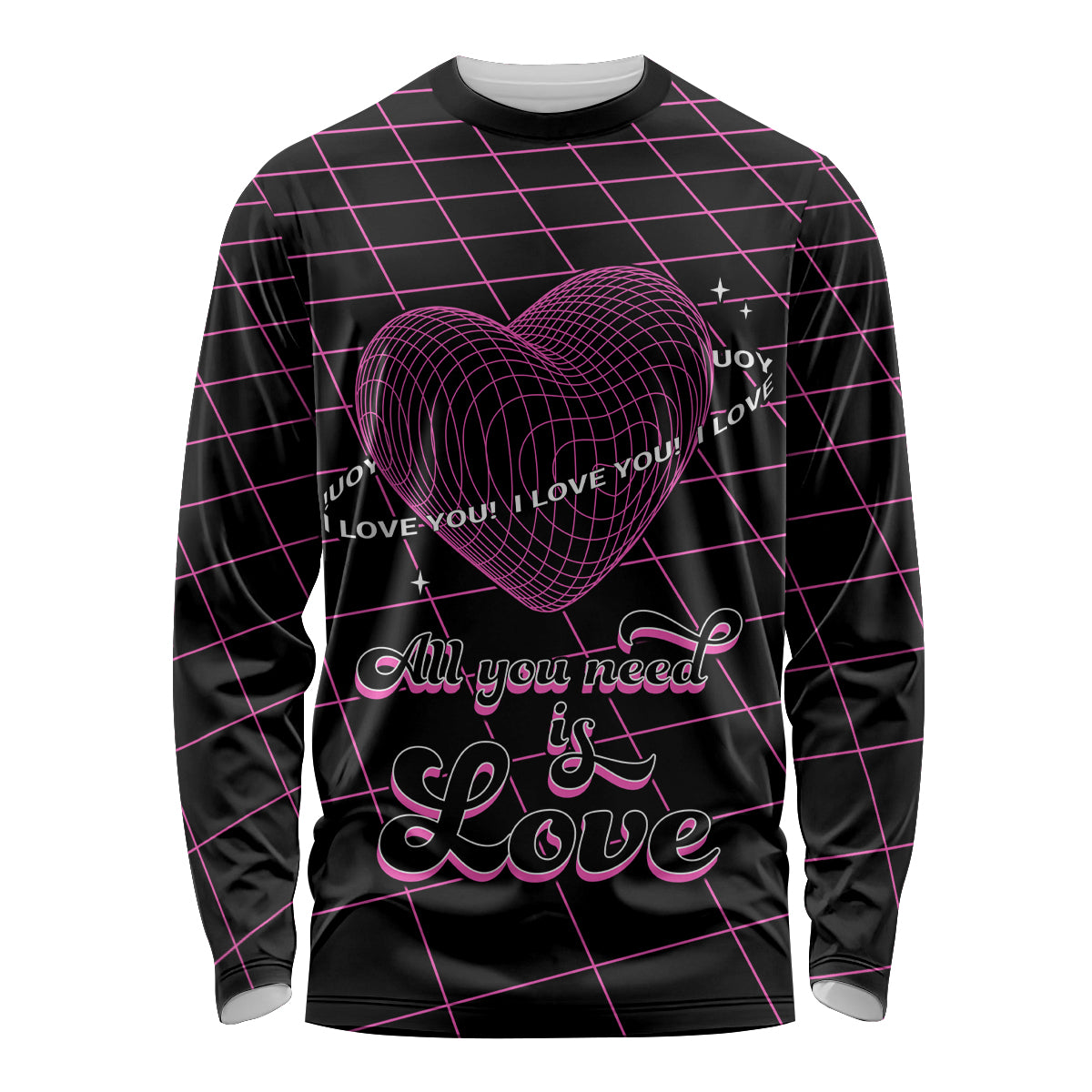 Unisex long-sleeve shirt with black base, pink wireframe grid, and heart graphic