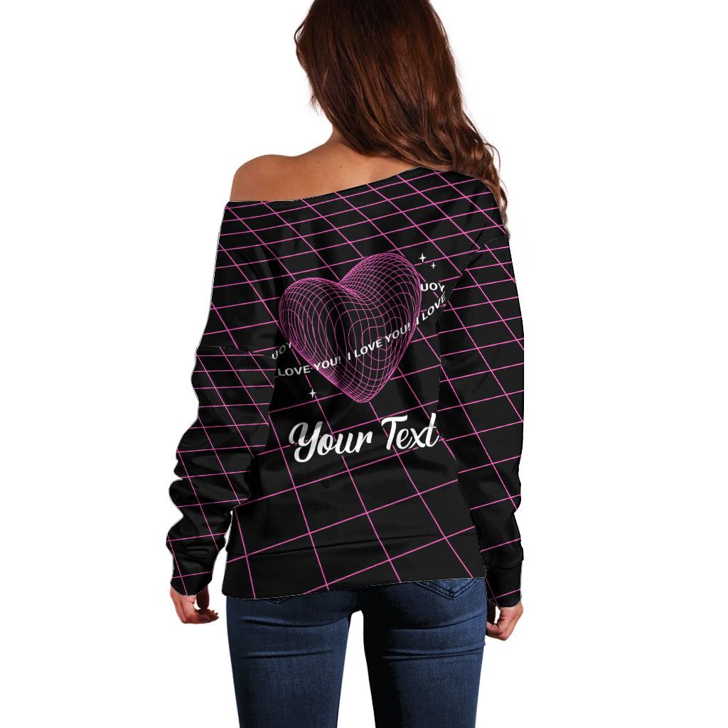 Women’s off-shoulder sweater back, black with pink grid lines, heart and “Your Text”