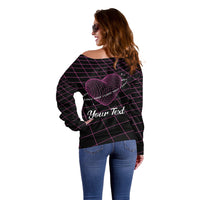 Women’s off-shoulder sweater, black with pink wireframe heart and “Your Text” on back