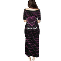 Long black dress with pink grid pattern and heart love graphic, short sleeves
