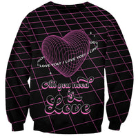 Unisex black sweatshirt with pink grid, wireframe heart and LOVE YOU print