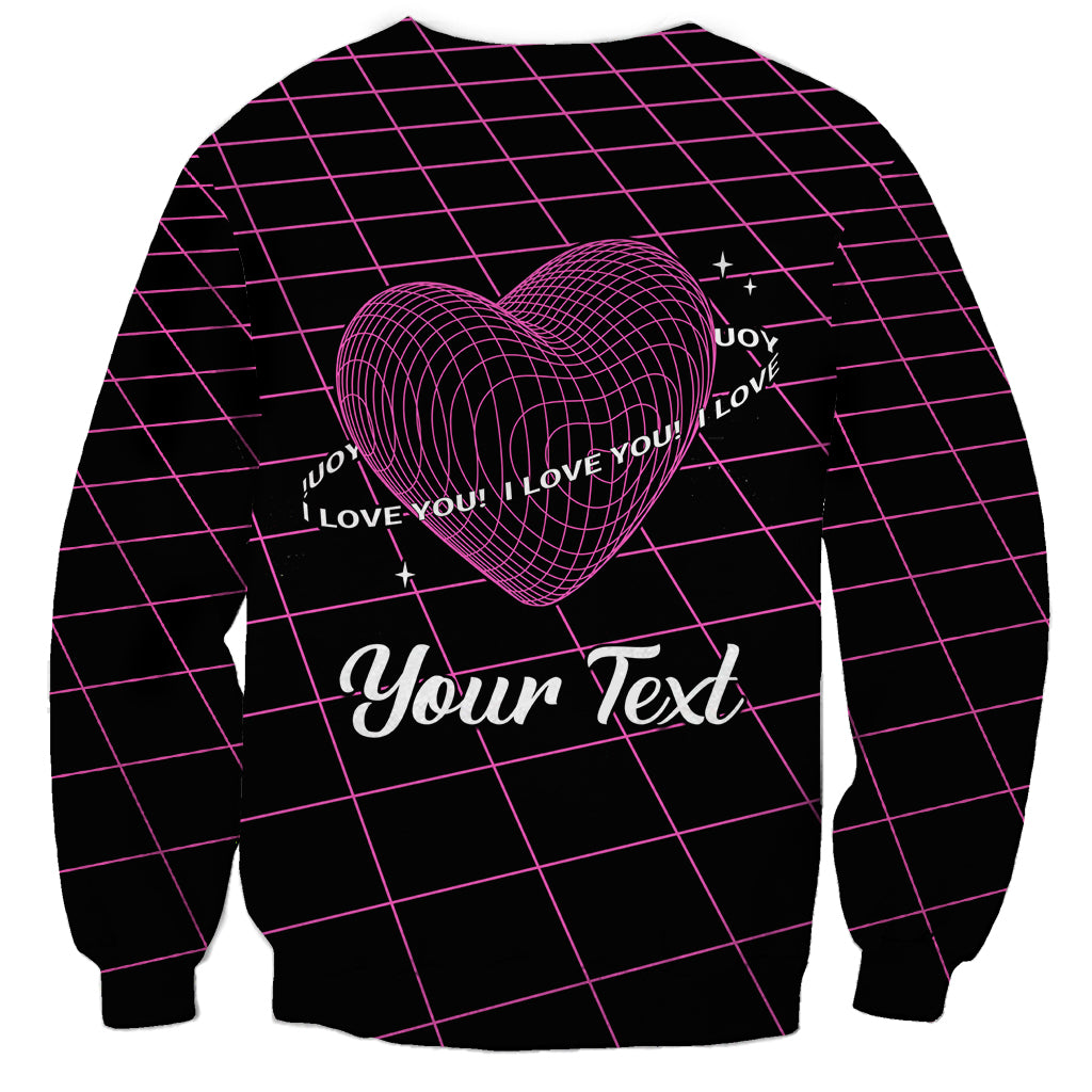 Unisex black sweatshirt with pink grid, wireframe heart and 'Your Text' slogan