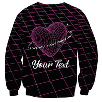 Unisex black sweatshirt with pink grid, wireframe heart and 'Your Text' slogan