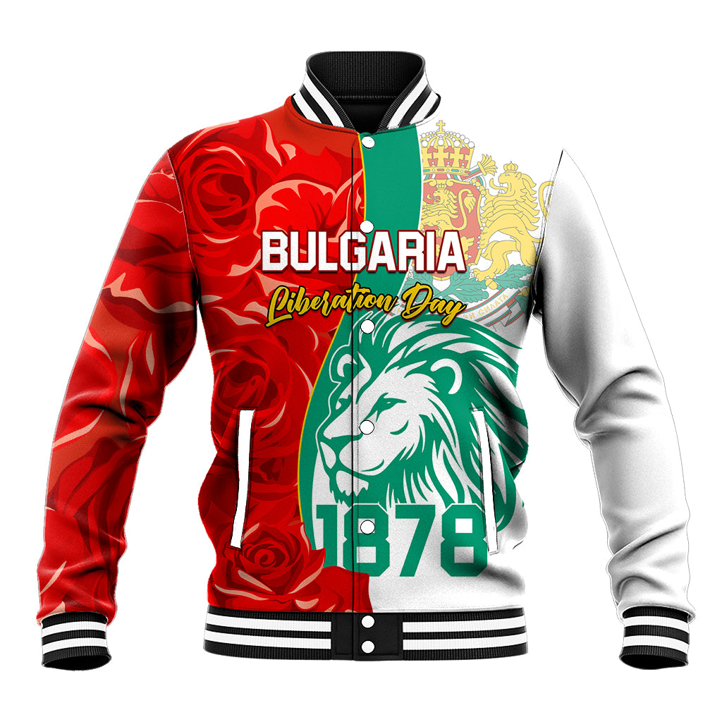 Unisex baseball jacket with red/green rose and lion graphic, white sleeves, snap front