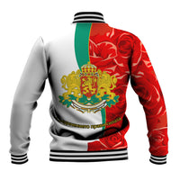 Unisex baseball jacket, back shows Bulgarian coat of arms over red rose pattern, striped cuffs