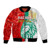 Unisex bomber jacket with red/white panels, front zip, lion graphic, 1878
