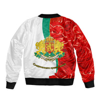 Unisex bomber jacket with white/red/green back graphic and lion crest, rib cuffs