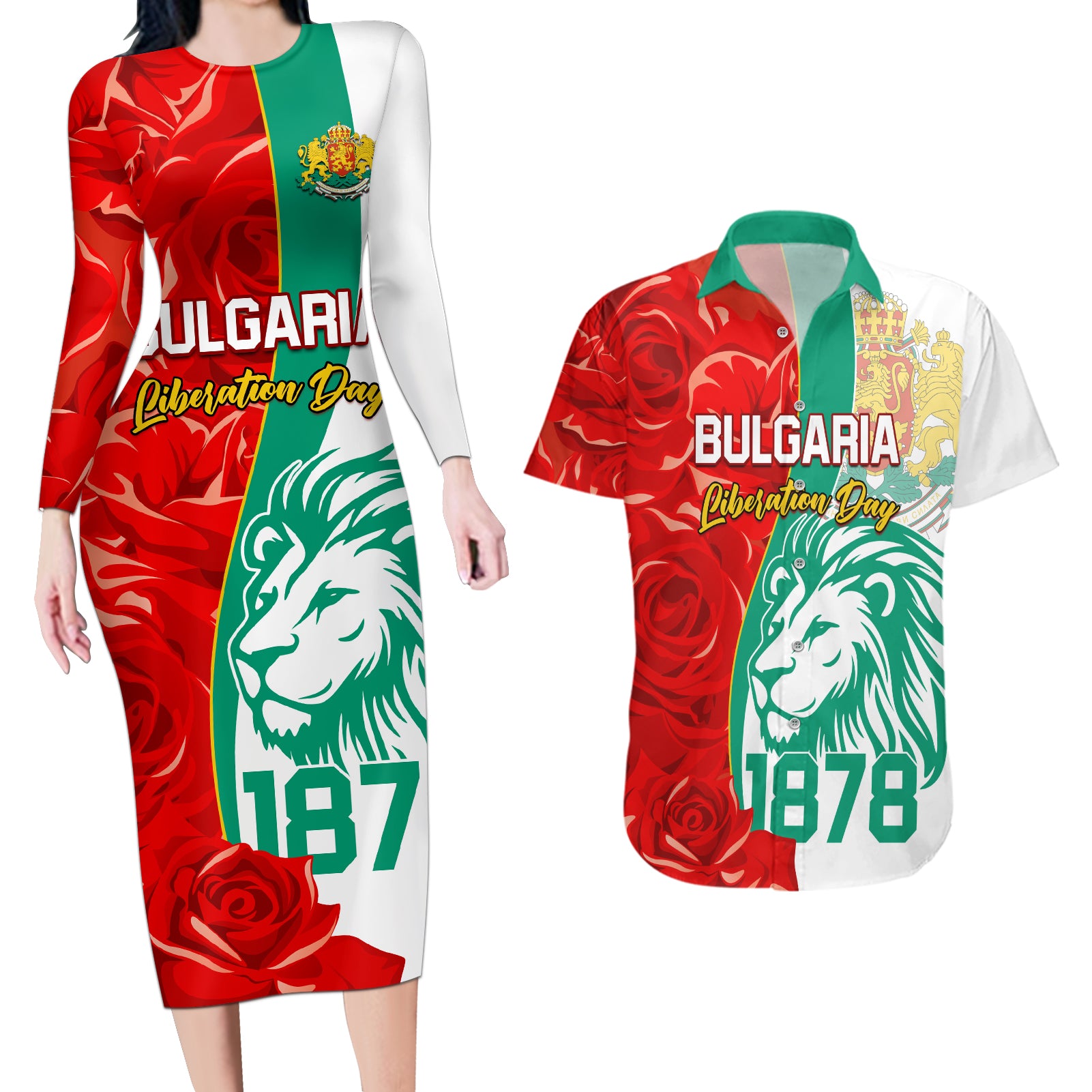 Bulgaria Liberation Day Couples Matching Long Sleeve Bodycon Dress and Hawaiian Shirt Lion With Rose Flag Style - Wonder Print Shop