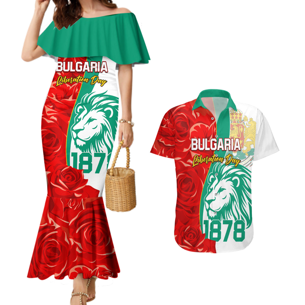 Bulgaria Liberation Day Couples Matching Mermaid Dress and Hawaiian Shirt Lion With Rose Flag Style - Wonder Print Shop