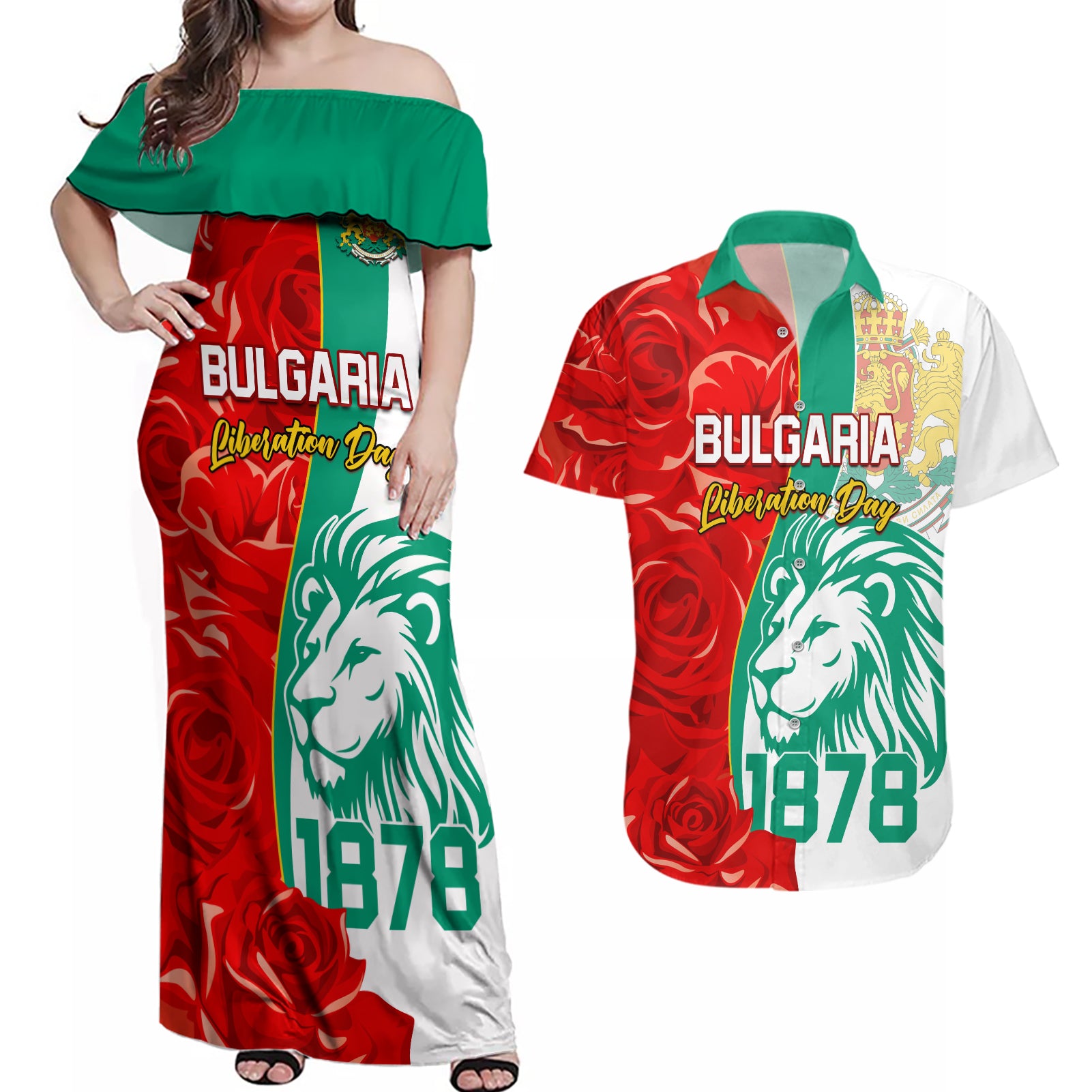 Bulgaria Liberation Day Couples Matching Off Shoulder Maxi Dress and Hawaiian Shirt Lion With Rose Flag Style - Wonder Print Shop