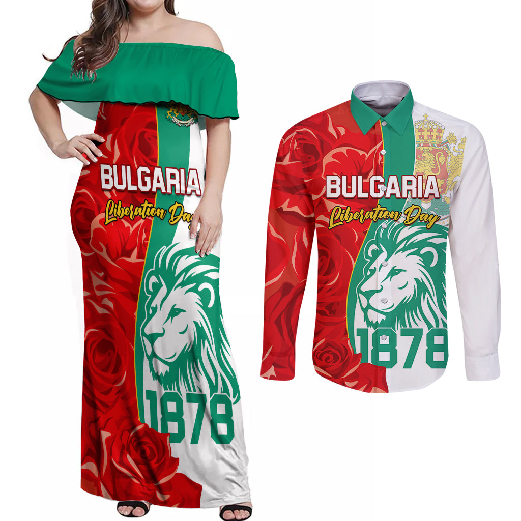 Bulgaria Liberation Day Couples Matching Off Shoulder Maxi Dress and Long Sleeve Button Shirt Lion With Rose Flag Style - Wonder Print Shop