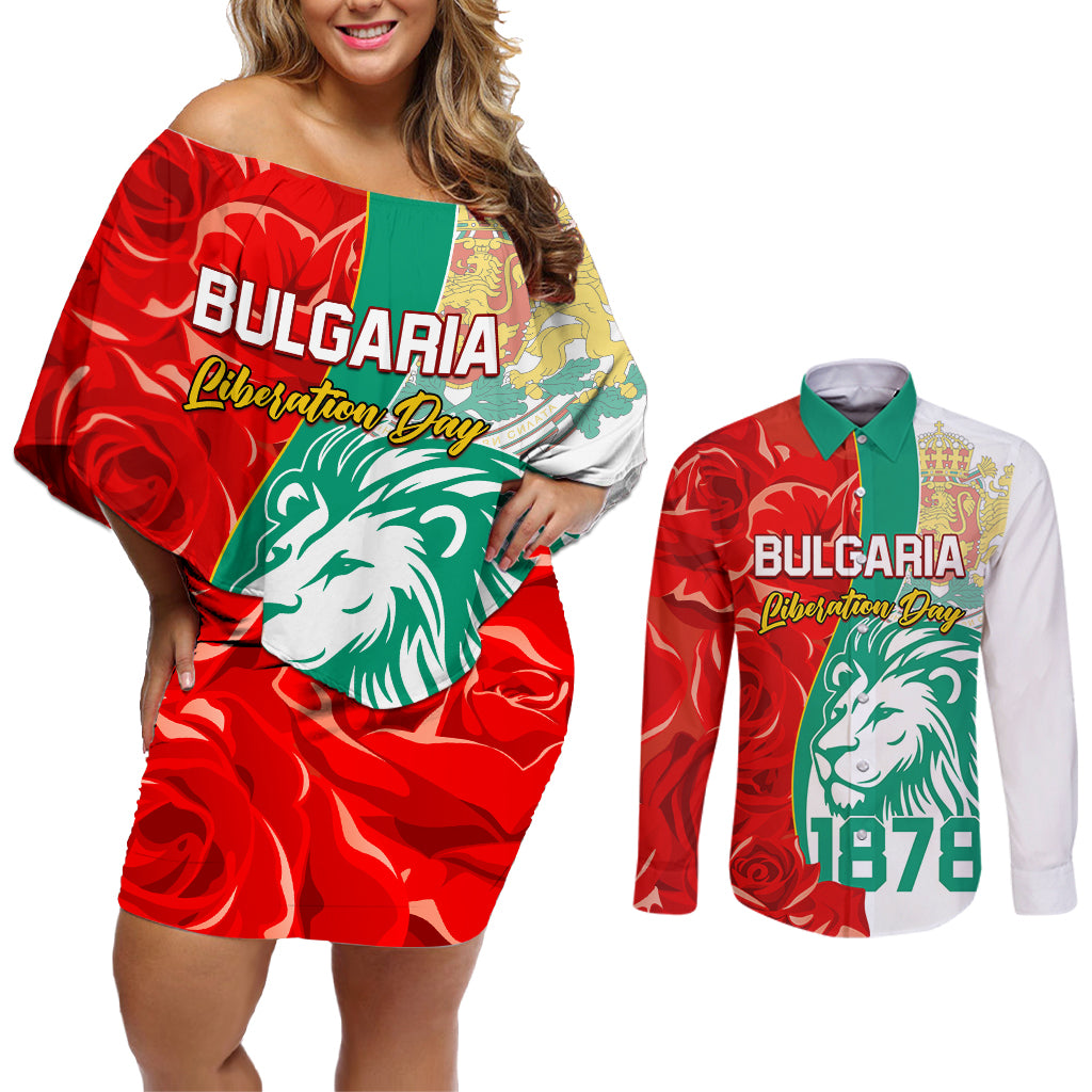 Bulgaria Liberation Day Couples Matching Off Shoulder Short Dress and Long Sleeve Button Shirt Lion With Rose Flag Style - Wonder Print Shop