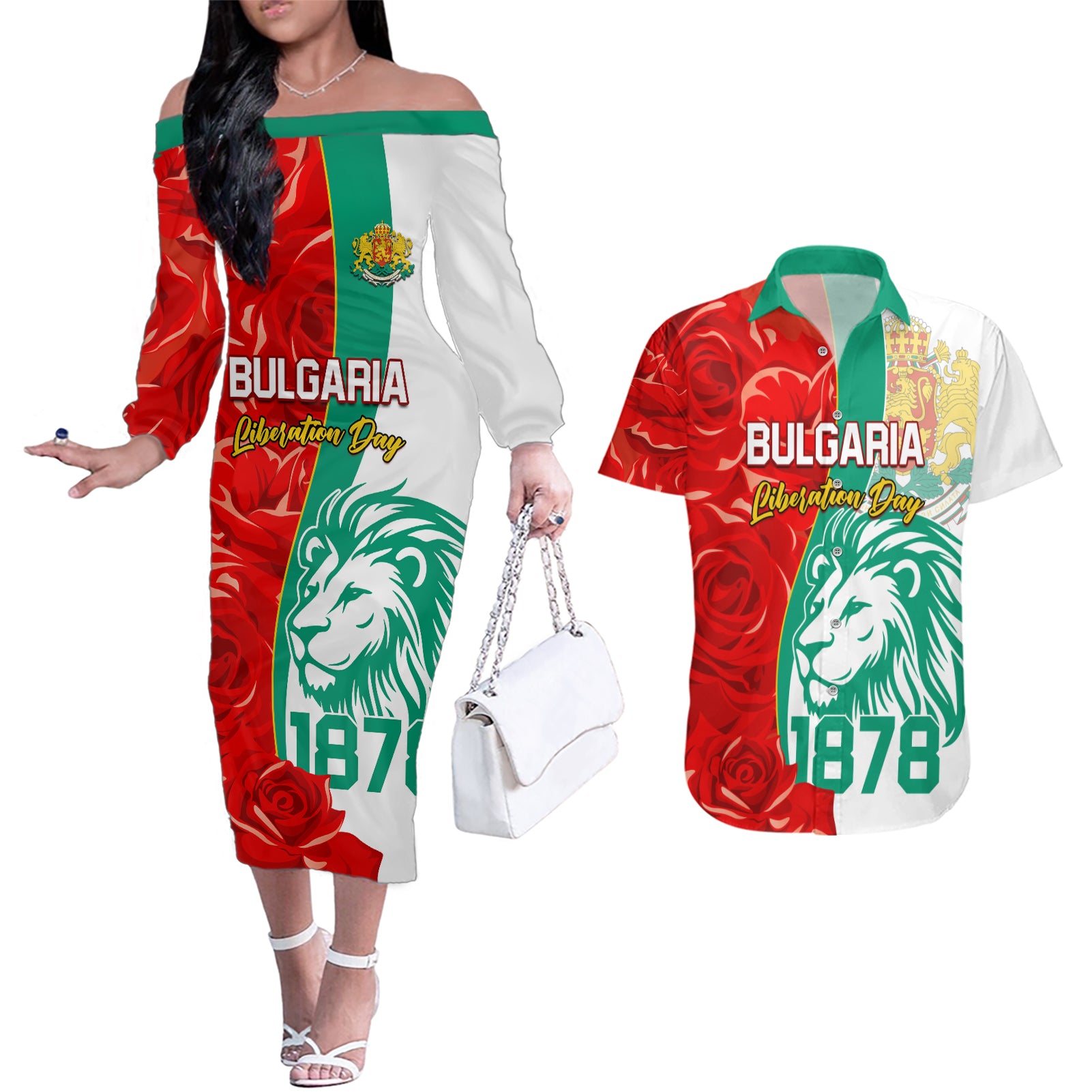 Bulgaria Liberation Day Couples Matching Off The Shoulder Long Sleeve Dress and Hawaiian Shirt Lion With Rose Flag Style - Wonder Print Shop