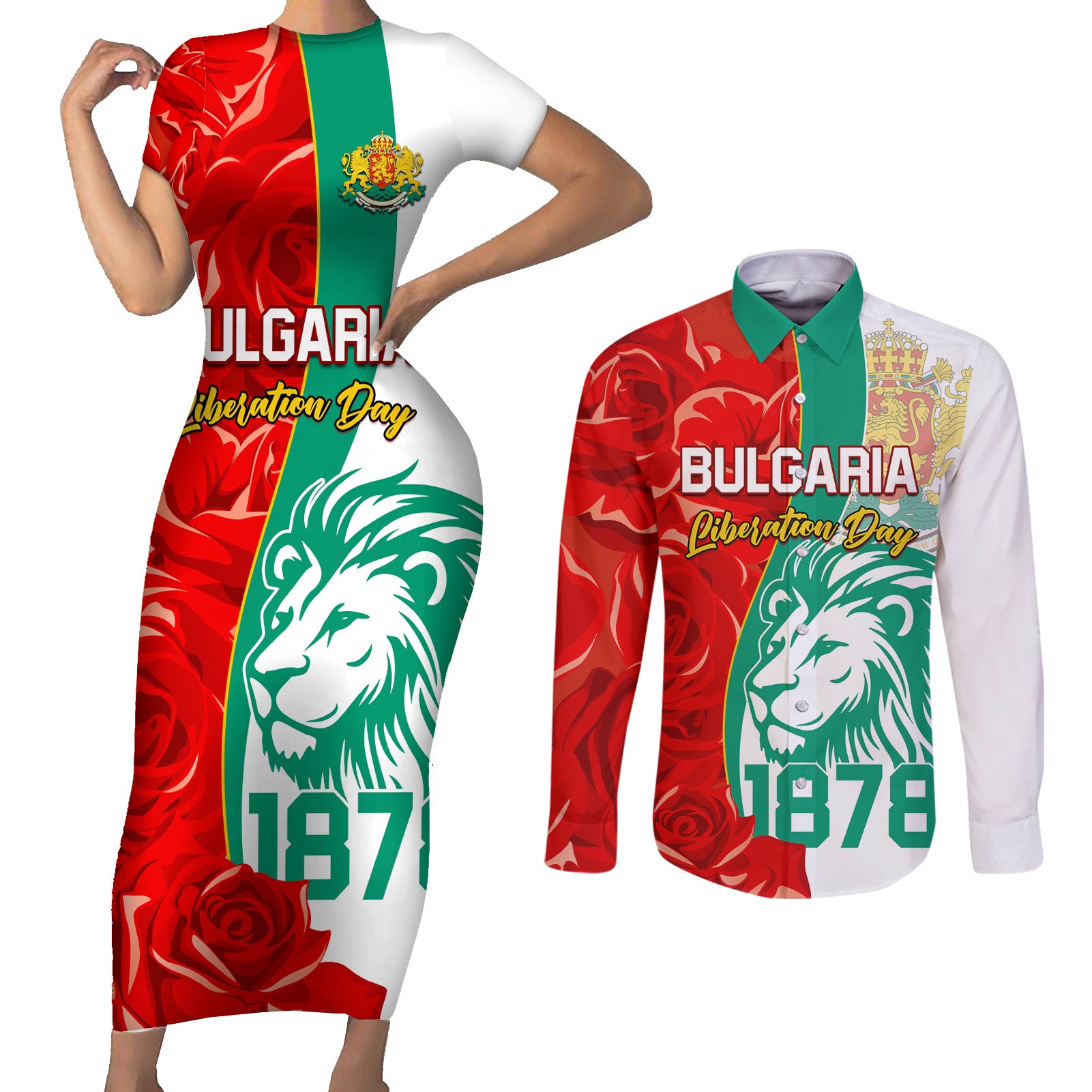 Bulgaria Liberation Day Couples Matching Short Sleeve Bodycon Dress and Long Sleeve Button Shirt Lion With Rose Flag Style - Wonder Print Shop