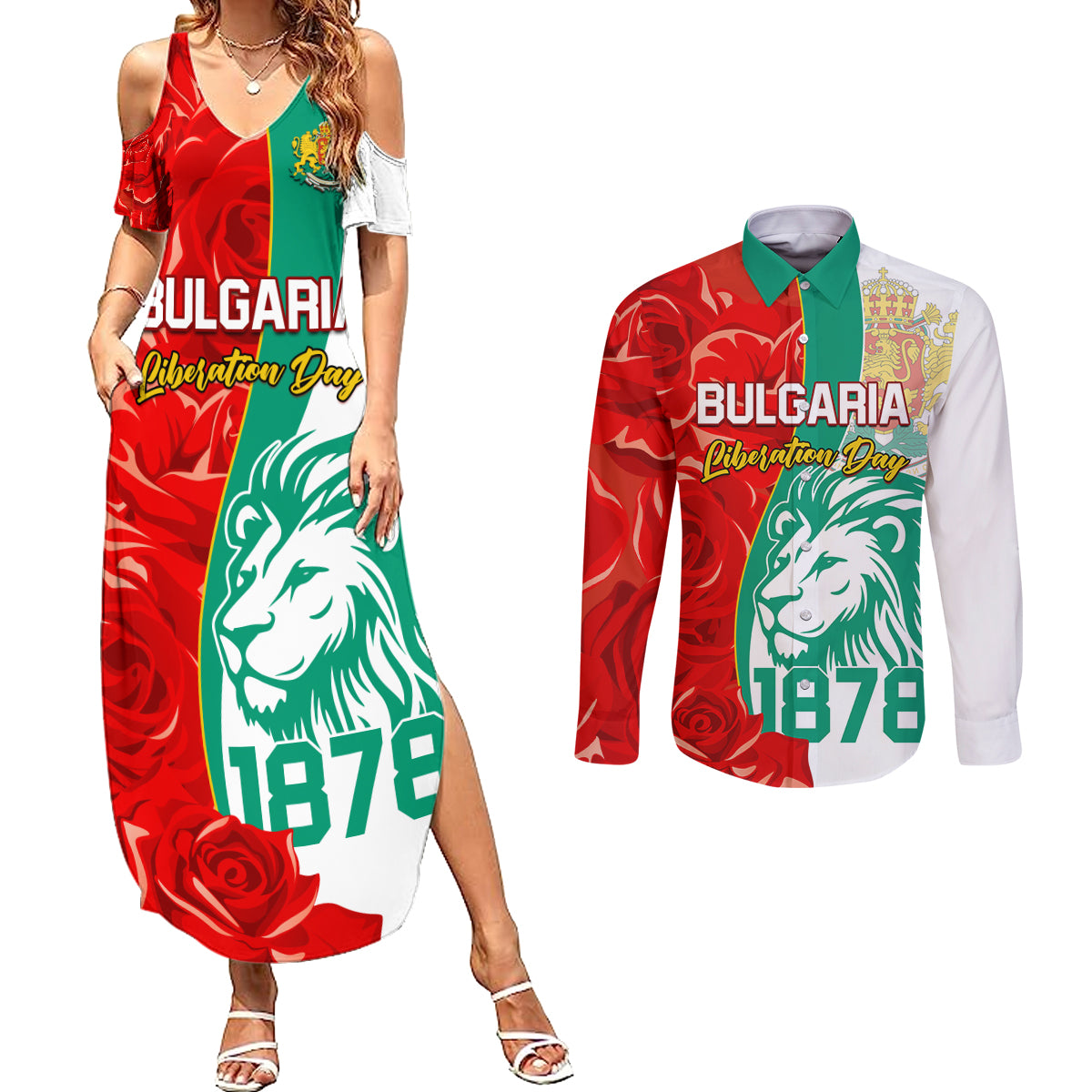 Bulgaria Liberation Day Couples Matching Summer Maxi Dress and Long Sleeve Button Shirt Lion With Rose Flag Style - Wonder Print Shop