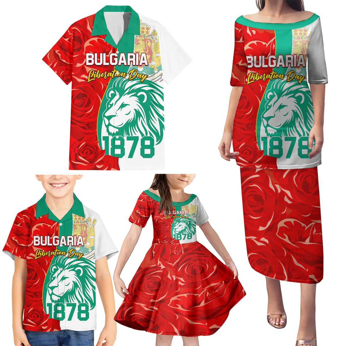 Bulgaria Liberation Day Family Matching Puletasi and Hawaiian Shirt Lion With Rose Flag Style - Wonder Print Shop