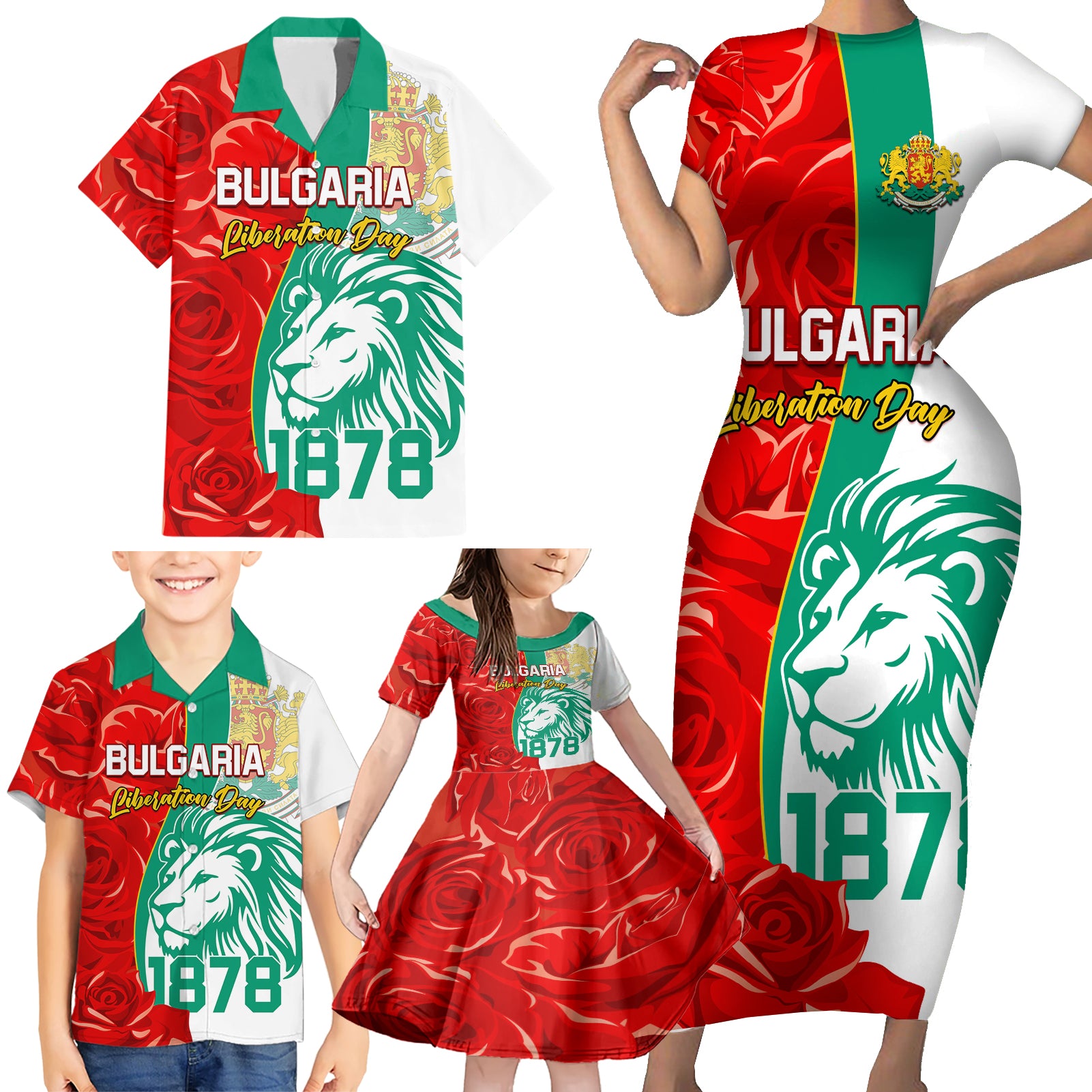 Bulgaria Liberation Day Family Matching Short Sleeve Bodycon Dress and Hawaiian Shirt Lion With Rose Flag Style - Wonder Print Shop