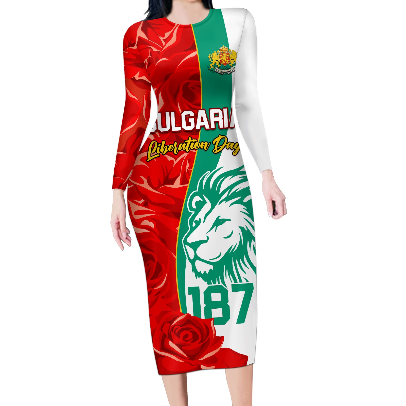 Bulgaria Liberation Day Long Sleeve Bodycon Dress Lion With Rose Flag Style - Wonder Print Shop