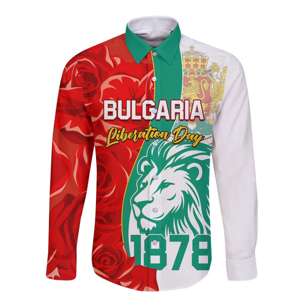 Long sleeve button shirt with red lion graphic, green collar, and Bulgaria Liberation Day text