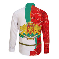 Long sleeve button shirt with white base, red drape sleeves, and Bulgarian coat of arms
