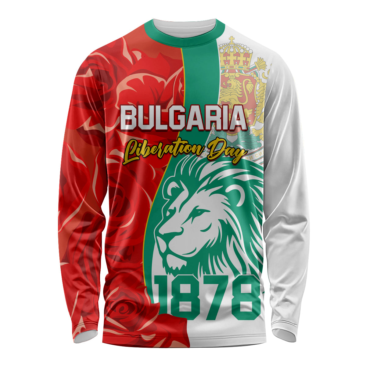 Unisex long-sleeve shirt with Bulgaria flag graphic, lion face, rose accents, text 1878
